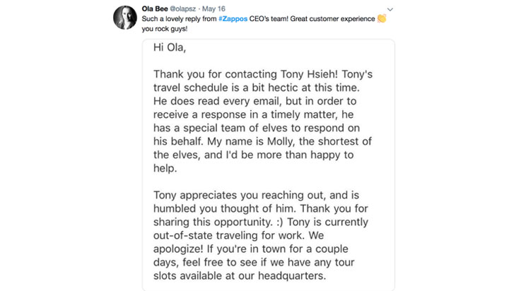 customer service example from Zappos